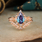 Luxury 4 Prong Pear Cut Alexandrite Stackable Ring Set